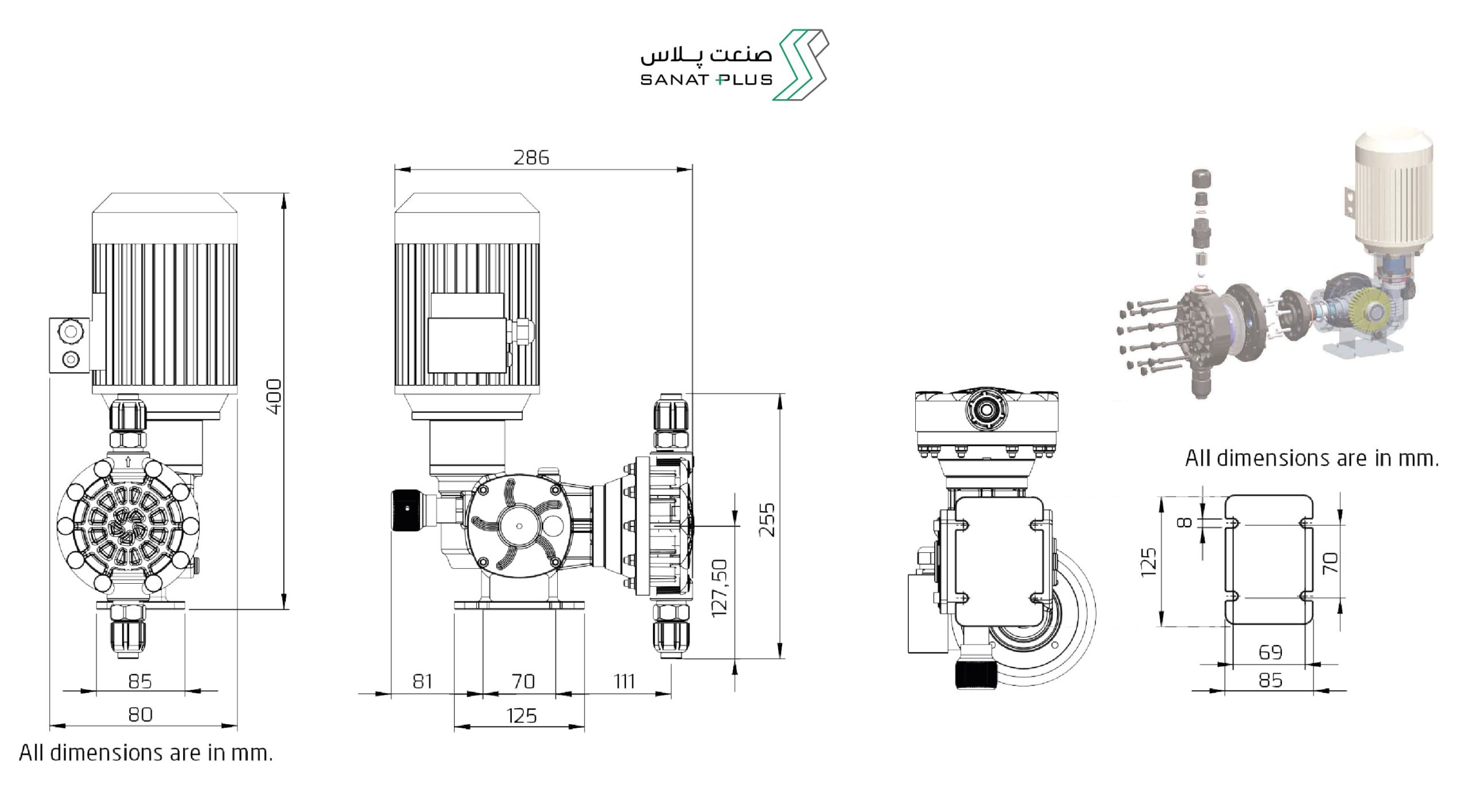 ابعاد و اندازه دوزینگ پمپ آنتک سری EMD-M 
