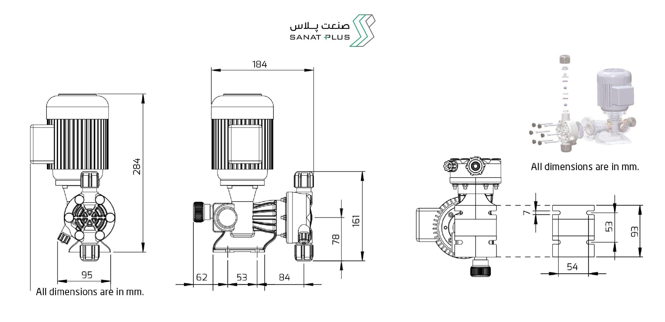 ابعاد و اندازه دوزینگ پمپ آنتک سری EMD-P