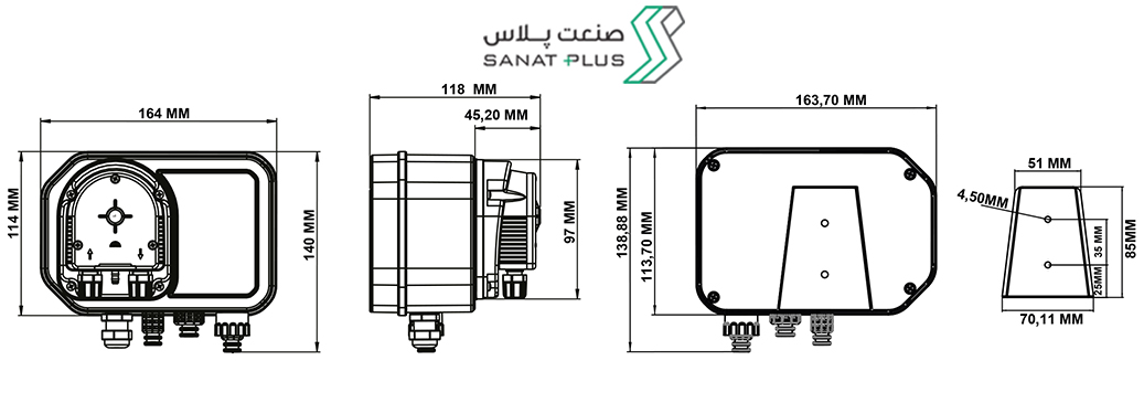ابعاد و اندازه پمپ پریستالتیک آنتک ASPENDOSE PR