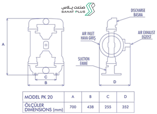 ابعاد و اندازه پمپ دیافراگمی پمکار مدلPK 20(2″) | صنعت پلاس